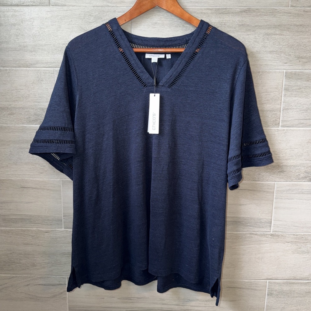 Chico's 100% Linen Top Womens XL Navy V Neck Vented Trim Breathable Quiet Luxury